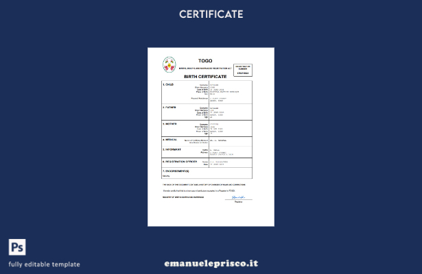 stile verificato Certificato di nascita dello stato di stato del Togo Modello Wo
